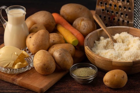 Different ingredients such as potatoes, carrots, parmesan and milk on a kitchen table