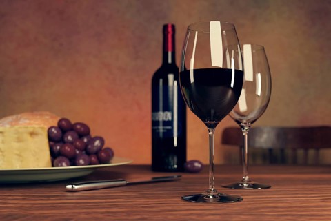Still life with wine bottle glasses and grapes, 3D illustration