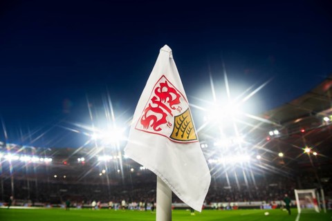 Corner flag with coat of arms, logo, VfB Stuttgart, floodlight, star effect, interior, feature,
