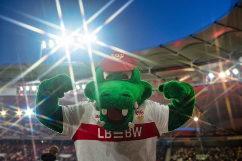Mascot Fritzle VfB Stuttgart gesture, floodlight, star effect, interior, soccer UEFA Europa League,