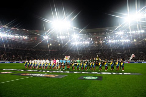 Line-up of teams, teams, in front of the start of the game, VfB Stuttgart, Celtic Glasgow FC,