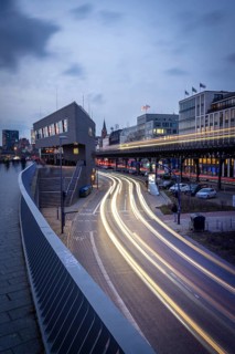 Café ALEX Hamburg Überseebrücke an den Landungsbrücke at the Blue Hour with light strips from