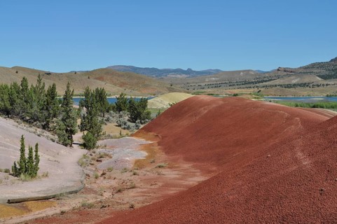 Red hills with trees and a river in a sunny landscape, John Day Fossil Beds National Monument,