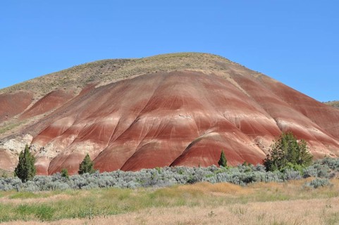 Large red hill against blue sky with juniper trees and heather, John Day Fossil Beds National