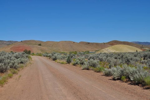 Gravel road in natural setting with hills in background, John Day Fossil Beds National Monument,