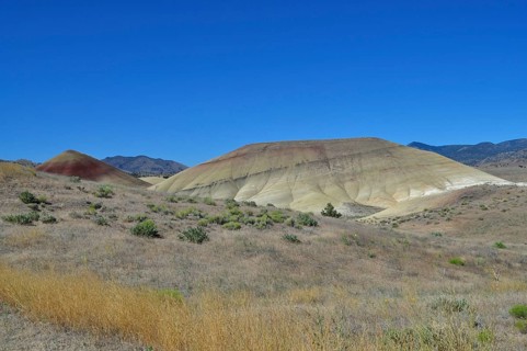 Colourful, sprawling hills under bright blue sky with dry vegetation, John Day Fossil Beds National