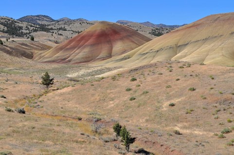 Red and yellow hills in the arid landscape of the Painted Hills under clear skies, John Day Fossil