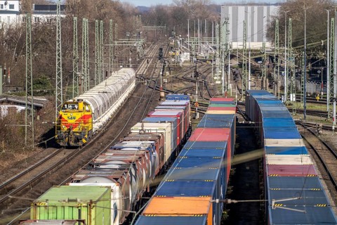 Container trains in the freight yard, so-called installation tracks in Duisburg-Rheinhausen,