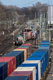 Container trains in the freight yard, so-called installation tracks in Duisburg-Rheinhausen,