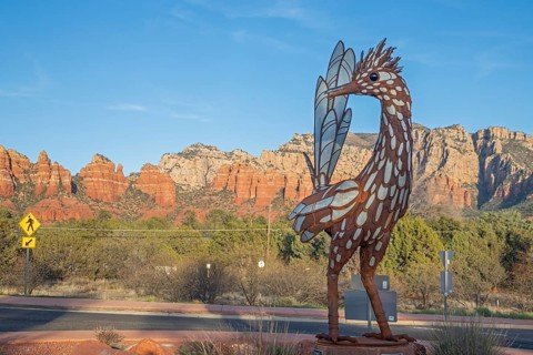 Sedona, Arizona - A 15-foot-tall sculpture of a roadrunner in a roundabout on state route 179. The