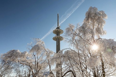 Radio tower on Lugstein, sunny winter landscape with snow-covered trees and branches covered with