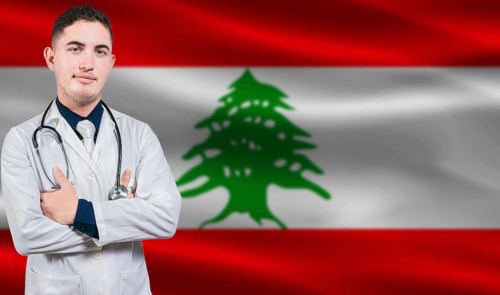 Portrait of medical professional on Lebanon flag background. Lebanese national health system