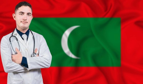 Portrait of medical professional on Maldives flag background. Maldivian national health system
