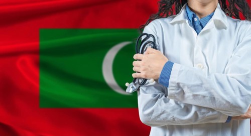 Healthcare professional with Maldives flag background. Professional doctor holding stethoscope on
