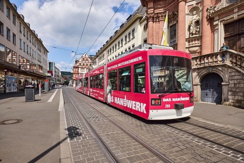 Tram, overhead lines, tram tracks, cathedral tram stop, city center, pedestrian zone, general
