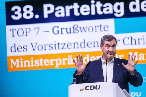 38th Federal Party Congress of the CDU of Germany in Stuttgart. Greetings from Markus Söder, party