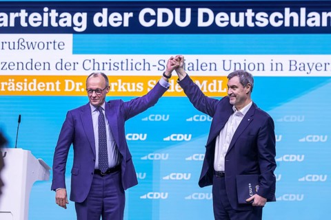 38th Federal Party Congress of the CDU of Germany in Stuttgart. Greetings from Markus Söder, party