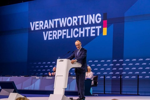 38th party congress of the CDU of Germany in Stuttgart. Merz in the lectern and party conference