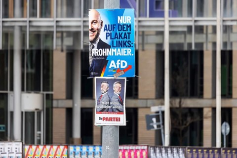 2026 state election in Baden-Württemberg. Election advertising in the city center of Stuttgart.