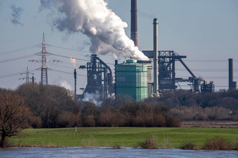 Backdrop of the HKM steelworks, Krupp-Mannesmann steel mill, blast furnaces, gasometer, coking