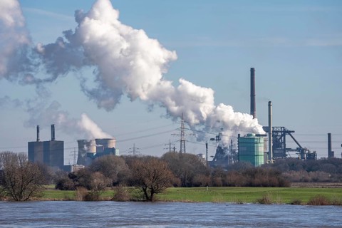 Backdrop of the HKM steelworks, Krupp-Mannesmann steel mill, blast furnaces, gasometer, coking