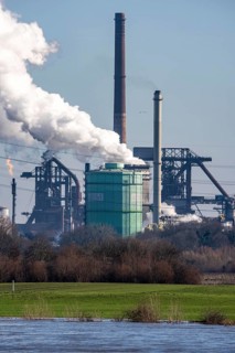 Backdrop of the HKM steelworks, Krupp-Mannesmann steel mill, blast furnaces, gasometer, coking