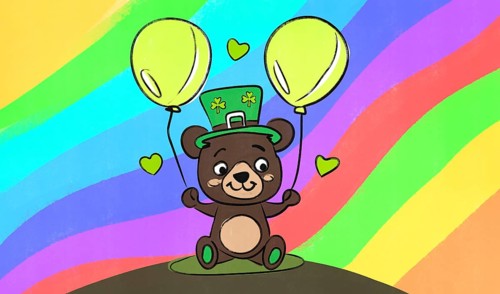 A cheerful cartoon teddy bear in a green hat floats joyfully with two yellow balloons against a