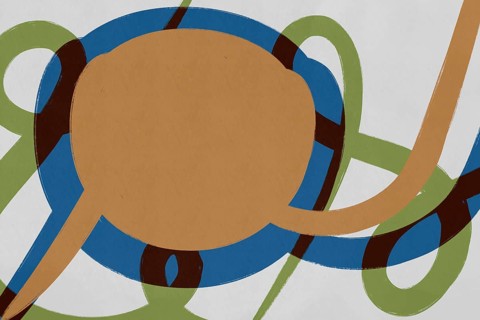 A modern abstract illustration featuring interconnected geometric shapes in earthy beige, rich