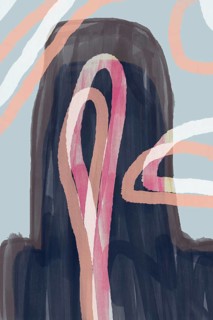 This artwork features a blurred, abstract portrait with soft curves and obscure facial features,