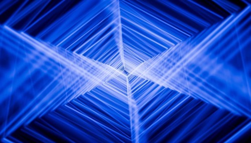 This image features a striking blue-toned 3D render depicting abstract geometrical shapes