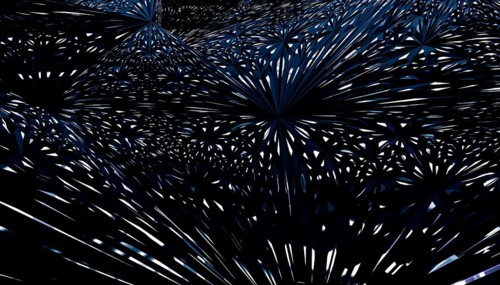 This striking 3D render features a complex interplay of geometric patterns dominated by shades of