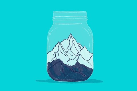 A whimsical illustration of majestic snow capped mountains encased within a glass jar against a