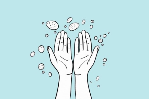 A health-themed illustration depicting two hands surrounded by germs on a light blue background