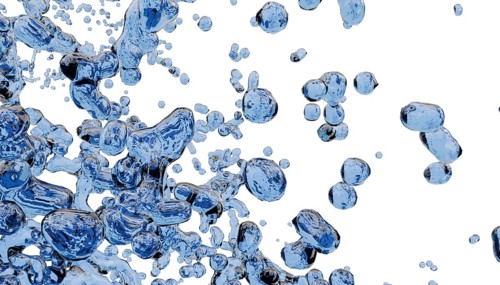 A dynamic composition of abstract blue water drops seemingly floating against a crisp white