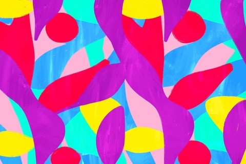 A lively abstract illustration featuring vibrant geometric shapes in bold colors of red, blue,
