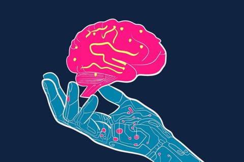 A vibrant illustration depicting a robotic hand holding a human brain, symbolizing the synergy