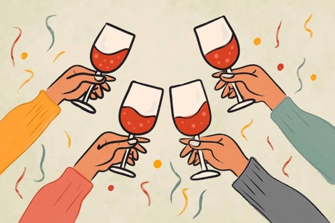 A vibrant illustration of four hands toasting with wine glasses, surrounded by colorful confetti,