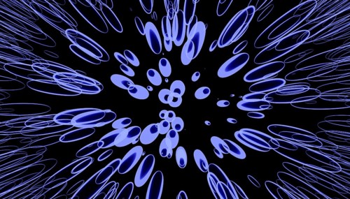 A vivid 3D-rendered image featuring fluid, abstract shapes in shades of blue and purple on a stark