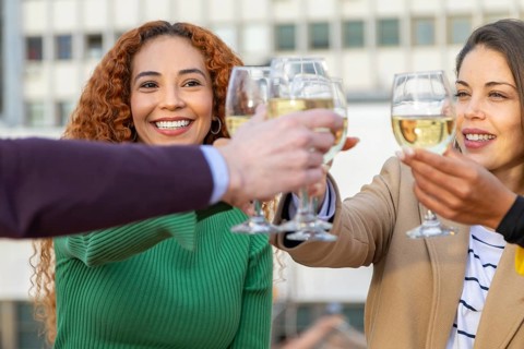 A cheerful group of friends clink glasses in a joyful celebration, capturing the essence of