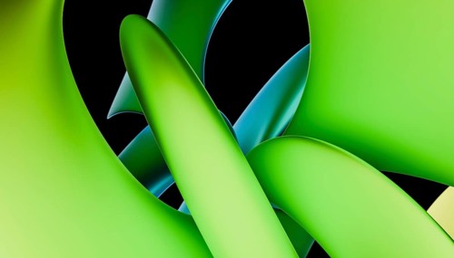 An abstract graphic featuring smooth, curvilinear forms in shades of green and lime, set against a