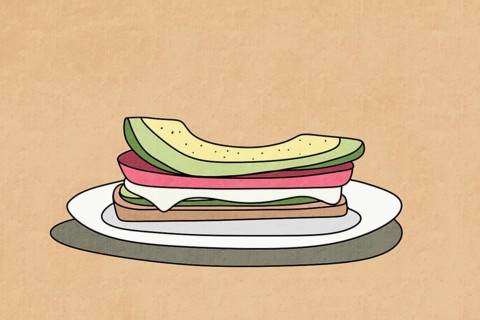 A colorful illustration featuring a sandwich with avocado, tomato, and cheese slices on a plate