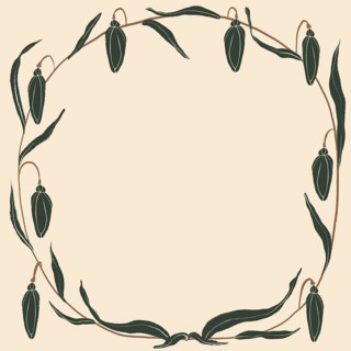 An artistic illustration featuring an elegant frame composed of delicate, dark green floral