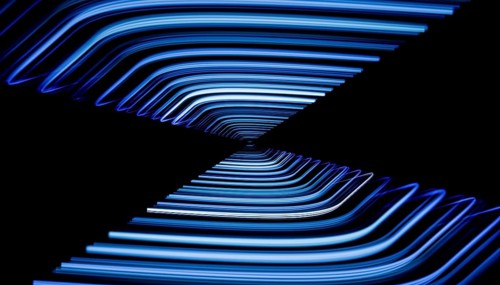 This is a captivating 3D render featuring symmetrical blue glowing lines that fold into a dark