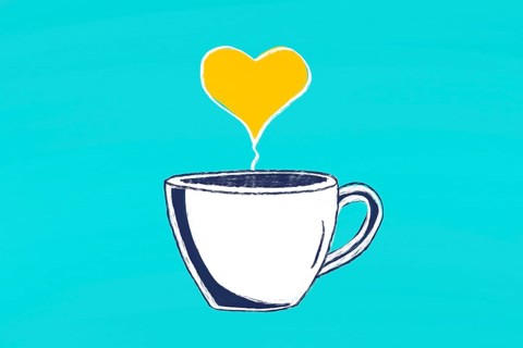 A delightful illustration of a coffee cup on a turquoise background, featuring heart shaped steam