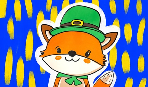 A vibrant illustration of a cartoon fox dressed in a green hat and bow tie for Saint Patrick's Day,