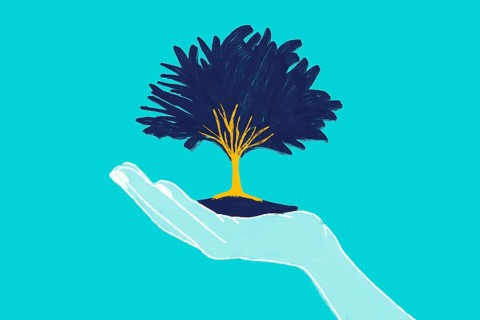 Artistic illustration of a hand gently holding a tree, symbolizing growth, nature, and nurturing.