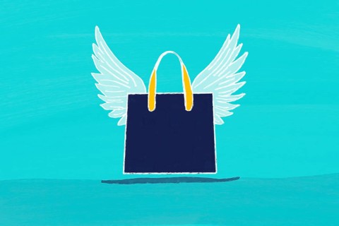 A whimsical illustration of a shopping bag with wings, symbolizing fast delivery and express