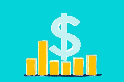 A yellow bar chart with varying heights sits against a teal background, dominated by a large dollar