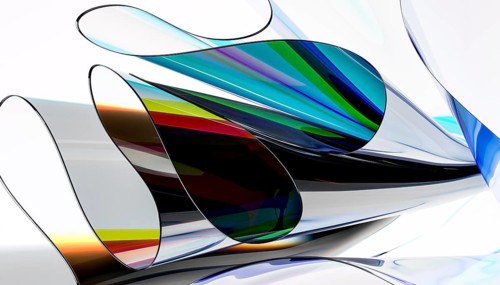 Abstract art featuring dynamic glass like shapes in vibrant colors, elegantly flowing across a