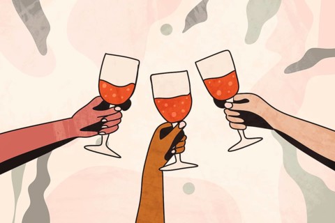 An artistic illustration depicting three hands raising wine glasses in a toast, symbolizing